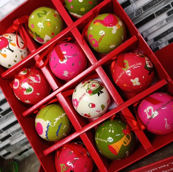 12 Days Of Christmas Colorful Christmas Ornaments Paper Mache 3" - Picture 3 of 10